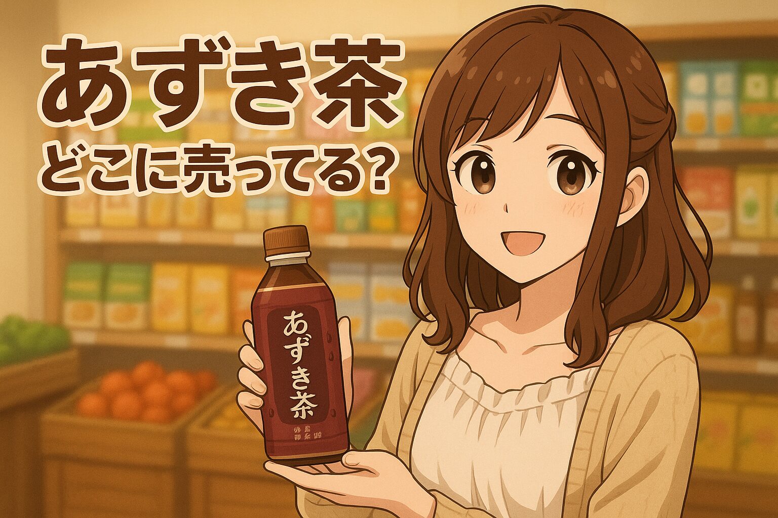 あずき茶の販売場所を紹介する記事のアイキャッチ画像。茶色の髪の女性がペットボトルのあずき茶を手に持ち、店内の飲料棚を背景に笑顔を見せている。温かみのある色合いのイラスト。