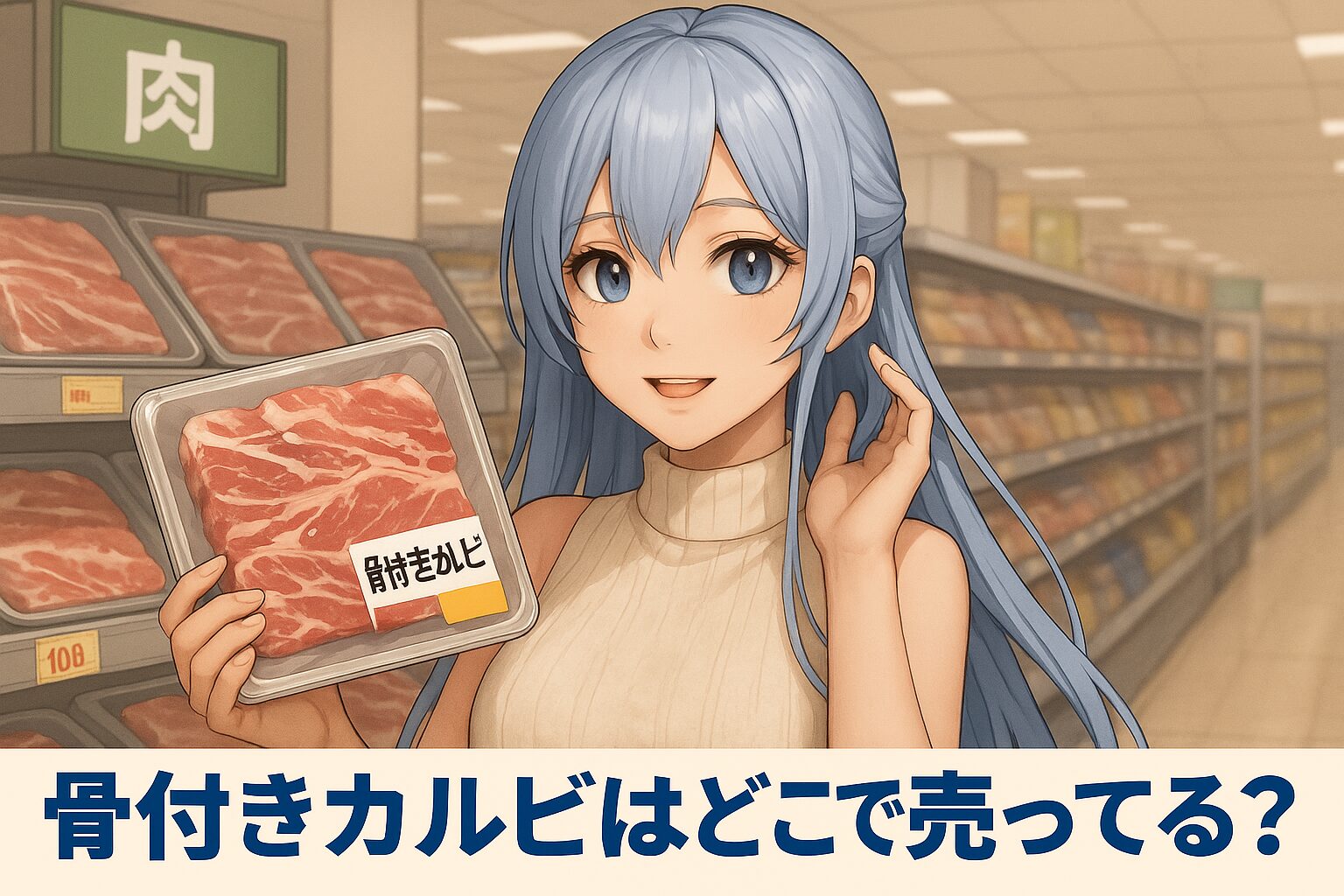 骨付きカルビの販売場所を紹介する記事のアイキャッチ画像。青髪の女性が肉売り場で「骨付きカルビ」のパックを持ち、明るく微笑んでいる。