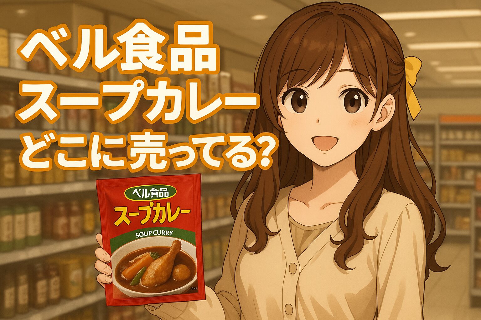 ベル食品スープカレーの販売場所を紹介する記事のアイキャッチ画像。茶髪の女性がパッケージを手に持ち、スーパーの棚の前で明るく微笑んでいる。