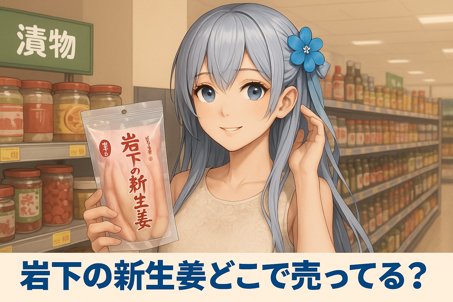 岩下の新生姜の販売場所を紹介する記事のアイキャッチ画像。青髪の女性がスーパーの漬物コーナーでピンク色の「岩下の新生姜」パックを手に微笑んでいる。背景に漬物棚が並ぶ。