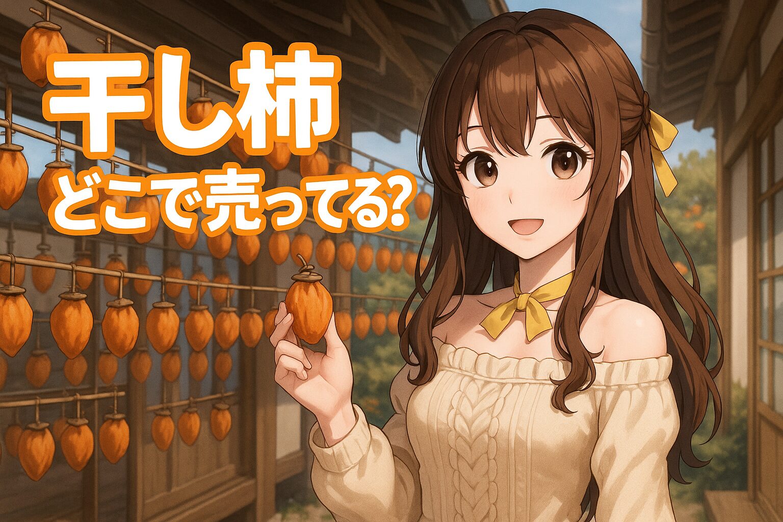 干し柿の販売場所を紹介する記事のアイキャッチ画像。青髪の女性が吊るされた干し柿を手に取り、軒先の柿が並ぶ風景の中で微笑んでいる。