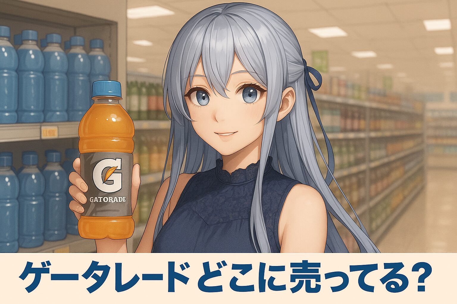 ゲータレードの販売場所を紹介する記事のアイキャッチ画像。青髪の女性がスーパーの飲料コーナーでオレンジ色のゲータレードを手に微笑んでいる。背景には青いボトルが並んでいる。