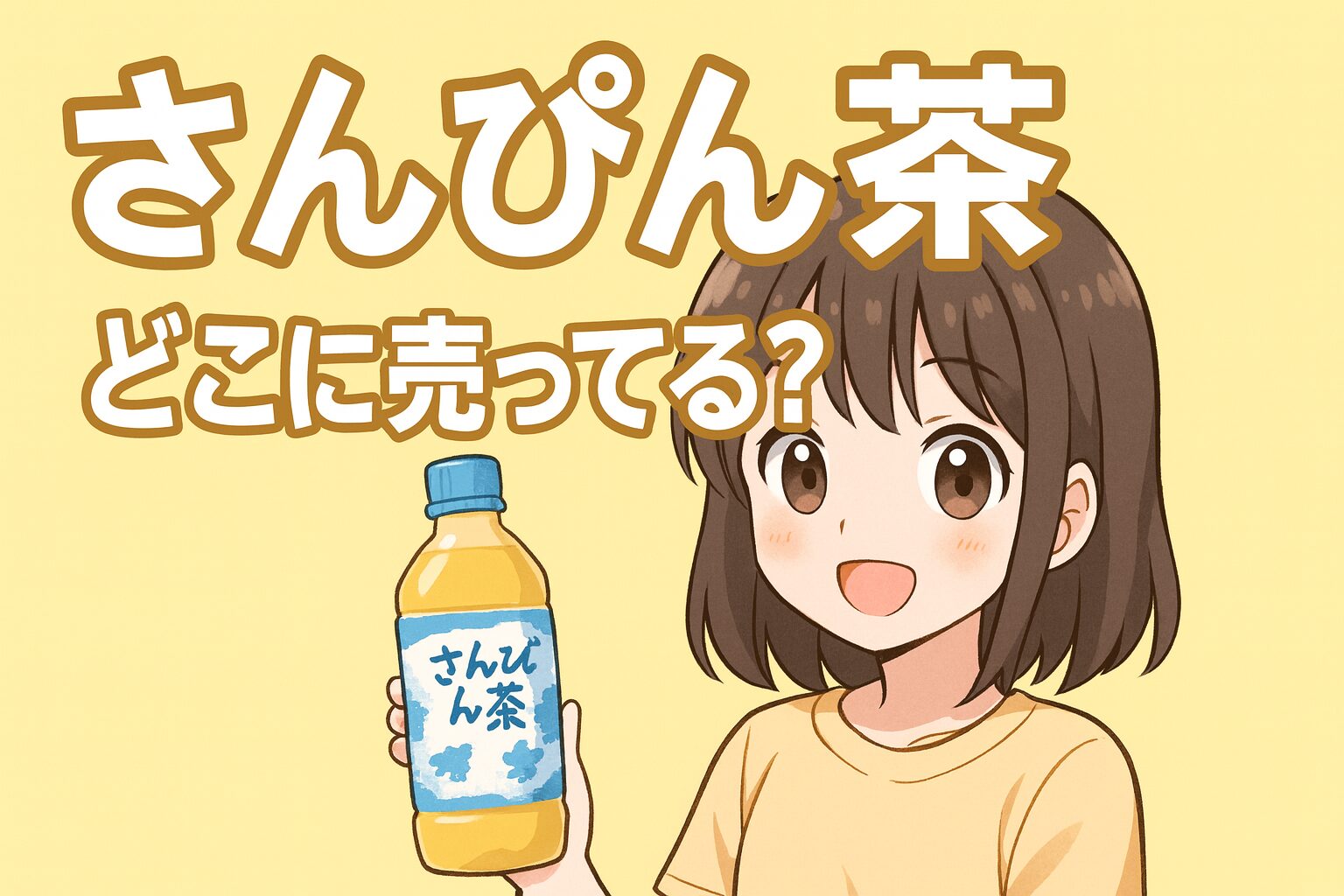 さんぴん茶の販売場所を紹介する記事のアイキャッチ画像。女性がペットボトルのさんぴん茶を手に持ち、明るい黄色の背景で笑顔を見せている。