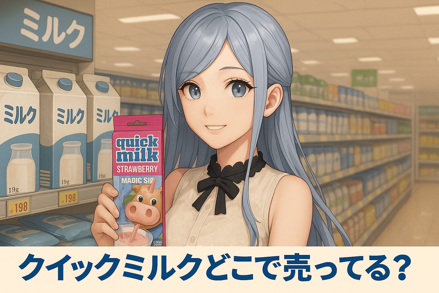 クイックミルクの販売場所を紹介する記事のアイキャッチ画像。青髪の女性がピンクの「Quick Milk」ストローパックを手に持ち、牛乳棚の前で優しく微笑んでいる。