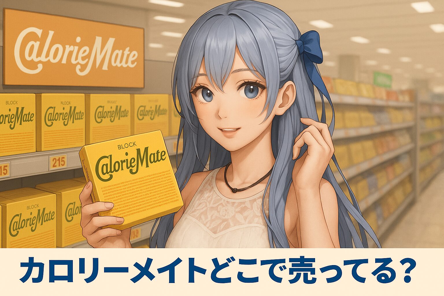 カロリーメイトの販売場所を紹介する記事のアイキャッチ画像。青い髪の女性がスーパーの棚の前で、黄色いパッケージのカロリーメイトを手に微笑んでいる。背景にはカロリーメイトの箱が並んでいる。