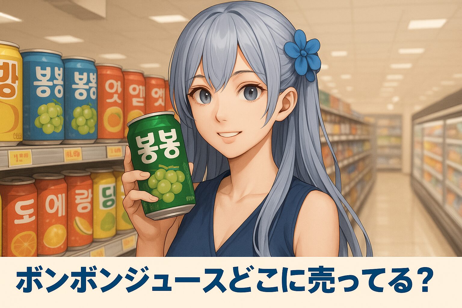 ボンボンジュースの販売場所を紹介する記事のアイキャッチ画像。青髪の女性が緑の缶ジュース「봉봉（ボンボン）」を持ち、スーパーの飲料棚を背景に微笑んでいる。