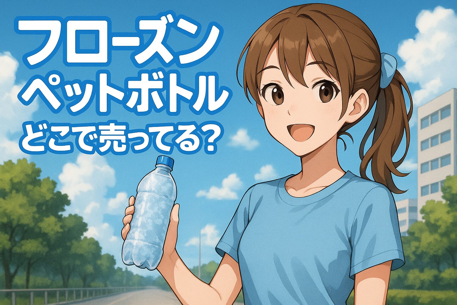 フローズンペットボトルの販売場所を紹介する記事のアイキャッチ画像。茶髪の女性が凍ったペットボトル飲料を持ち、夏の屋外で爽やかに微笑んでいる。背景は青空と木々。