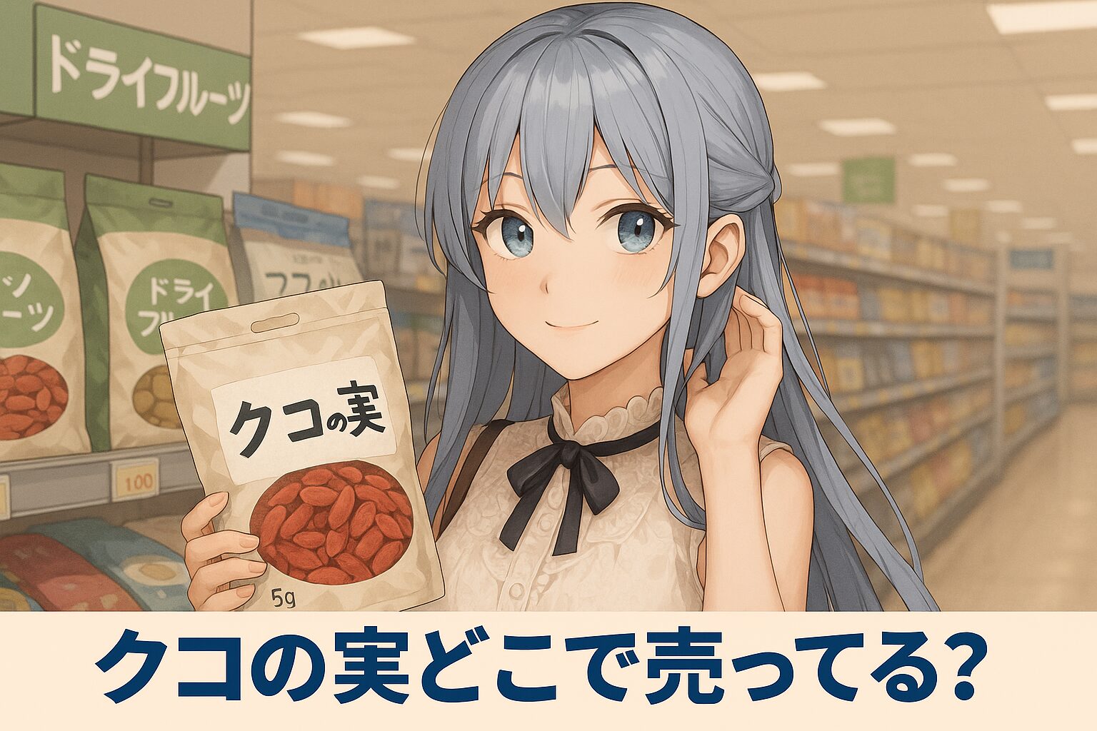 クコの実の販売場所を紹介する記事のアイキャッチ画像。青髪の女性がドライフルーツ売り場で「クコの実」と書かれた袋を手に持っている。背景にはドライフルーツ商品が並んでいる。