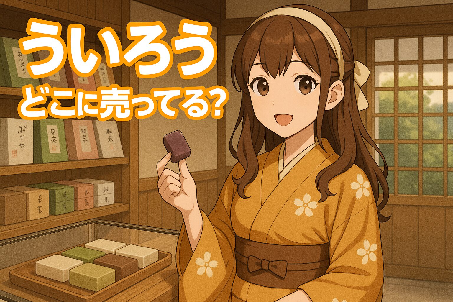 ういろうの販売場所を紹介する記事のアイキャッチ画像。着物姿の女性がういろうを手に持ち、木の温もりある和室の背景で笑顔を見せている。