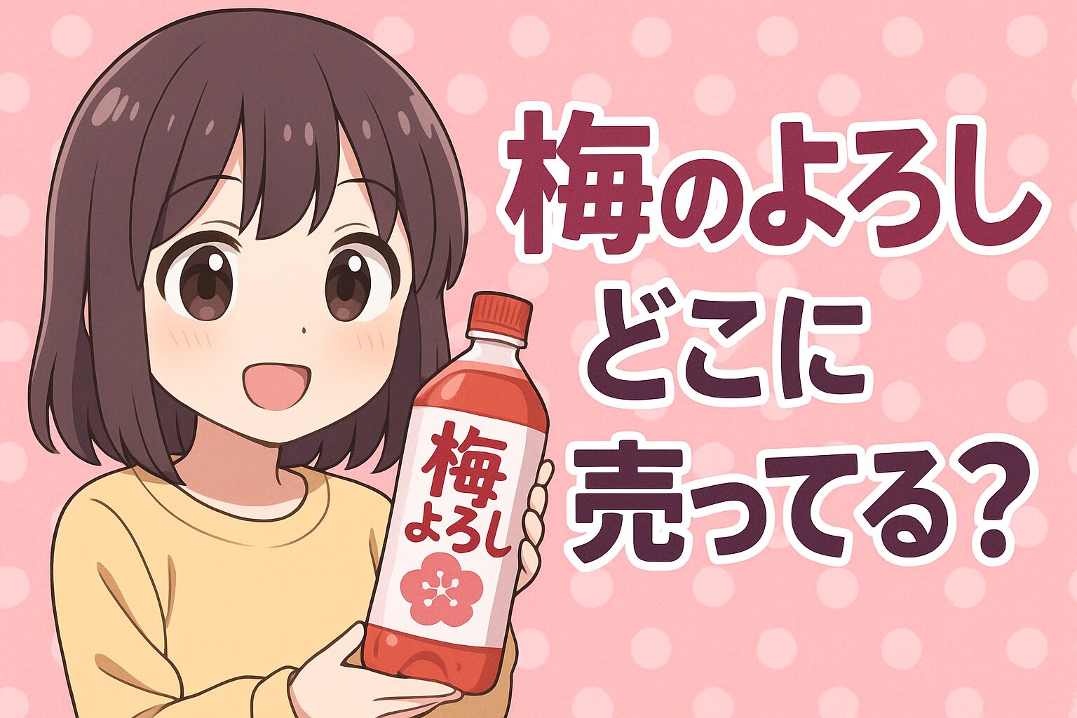 梅のよろしの販売場所を紹介する記事のアイキャッチ画像。女性が赤いキャップの瓶入りドリンクを手に持ち、ピンクの背景で笑顔を見せている。