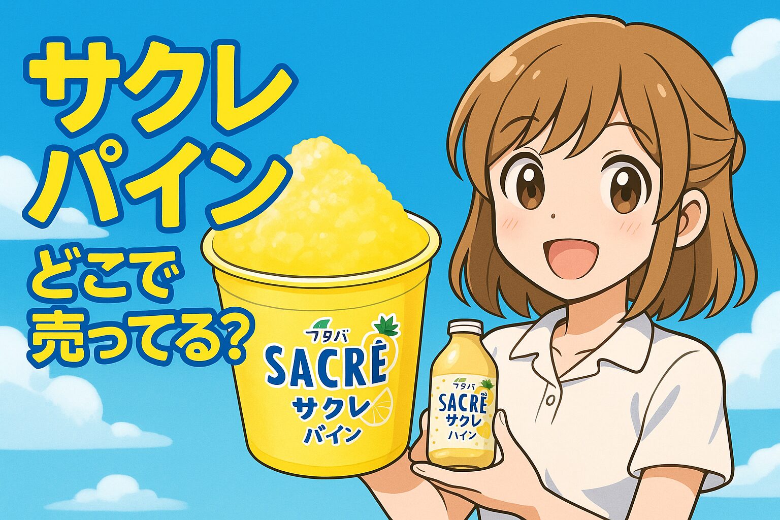 サクレパインの販売場所を紹介する記事のアイキャッチ画像。ショートヘアの女性が「サクレパイン」を手に、青空の下で笑顔を見せている。背景にはカップアイスが描かれている。