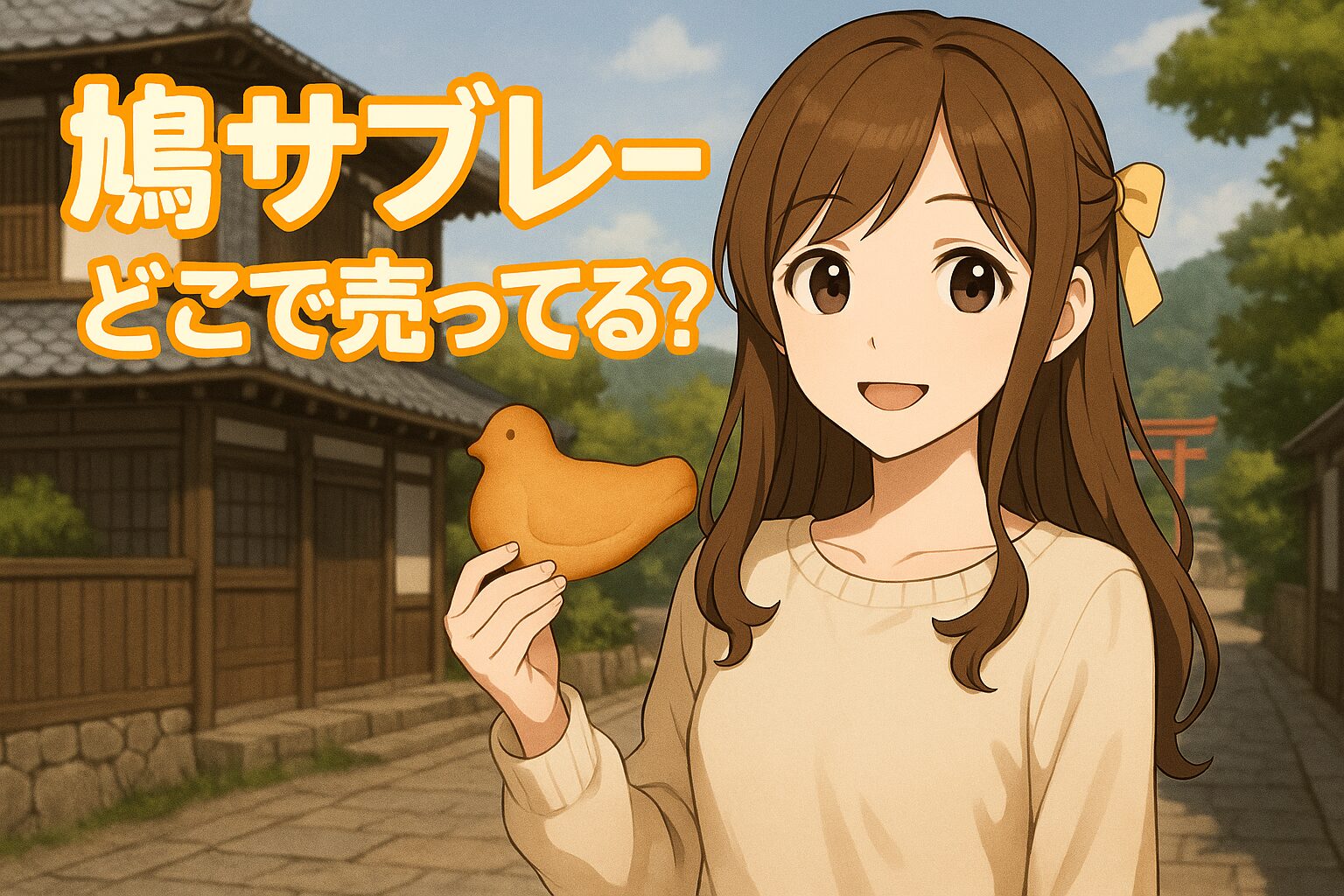鳩サブレーの販売場所を紹介する記事のアイキャッチ画像。茶髪の女性が鳩の形をしたサブレーを手に、鎌倉の街並みを背景に優しく微笑んでいる。