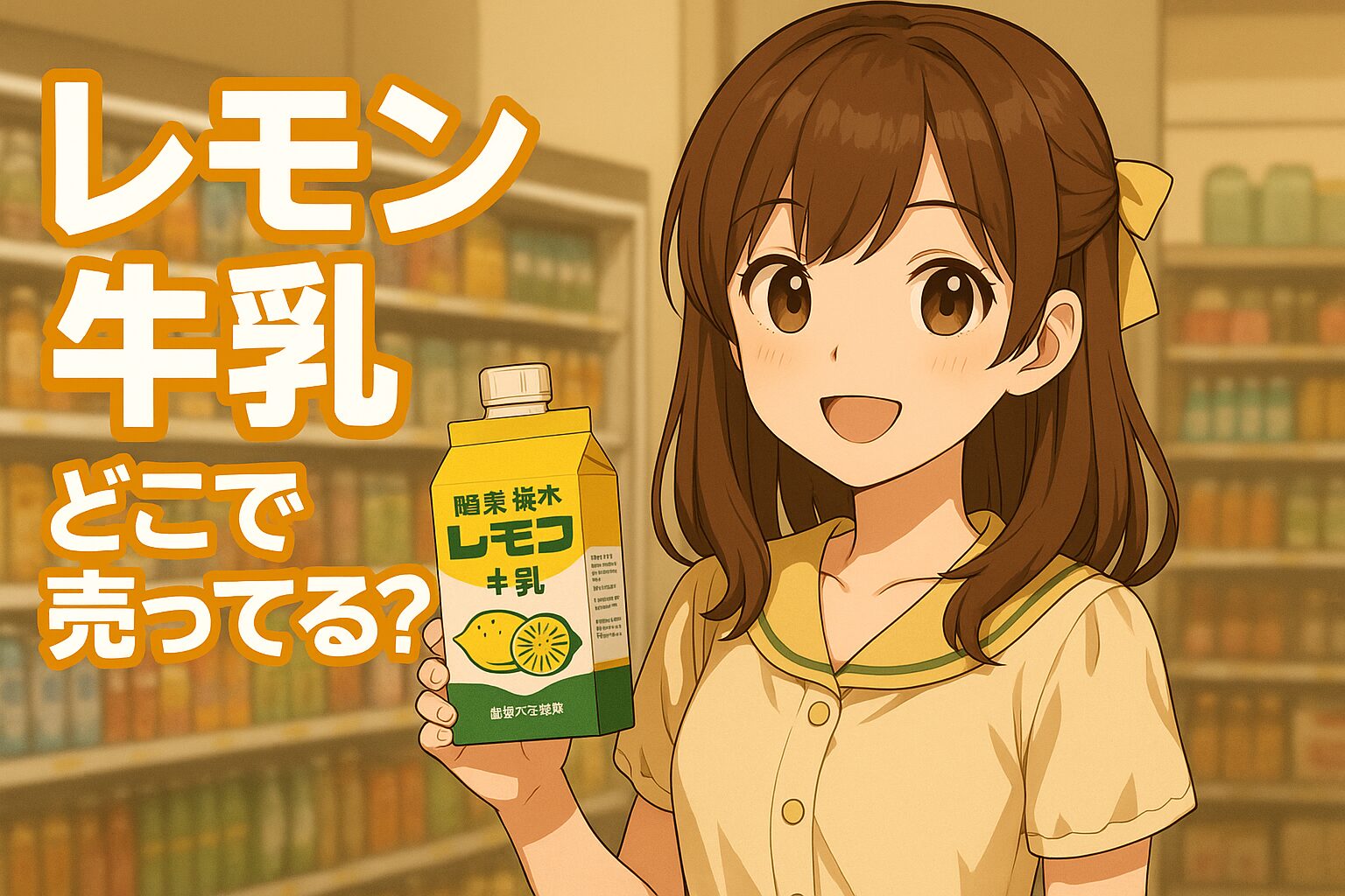 レモン牛乳の販売場所を紹介する記事のアイキャッチ画像。茶髪の女性がレモン色の牛乳パックを手に持ち、スーパーの乳製品売り場で明るく微笑んでいる。