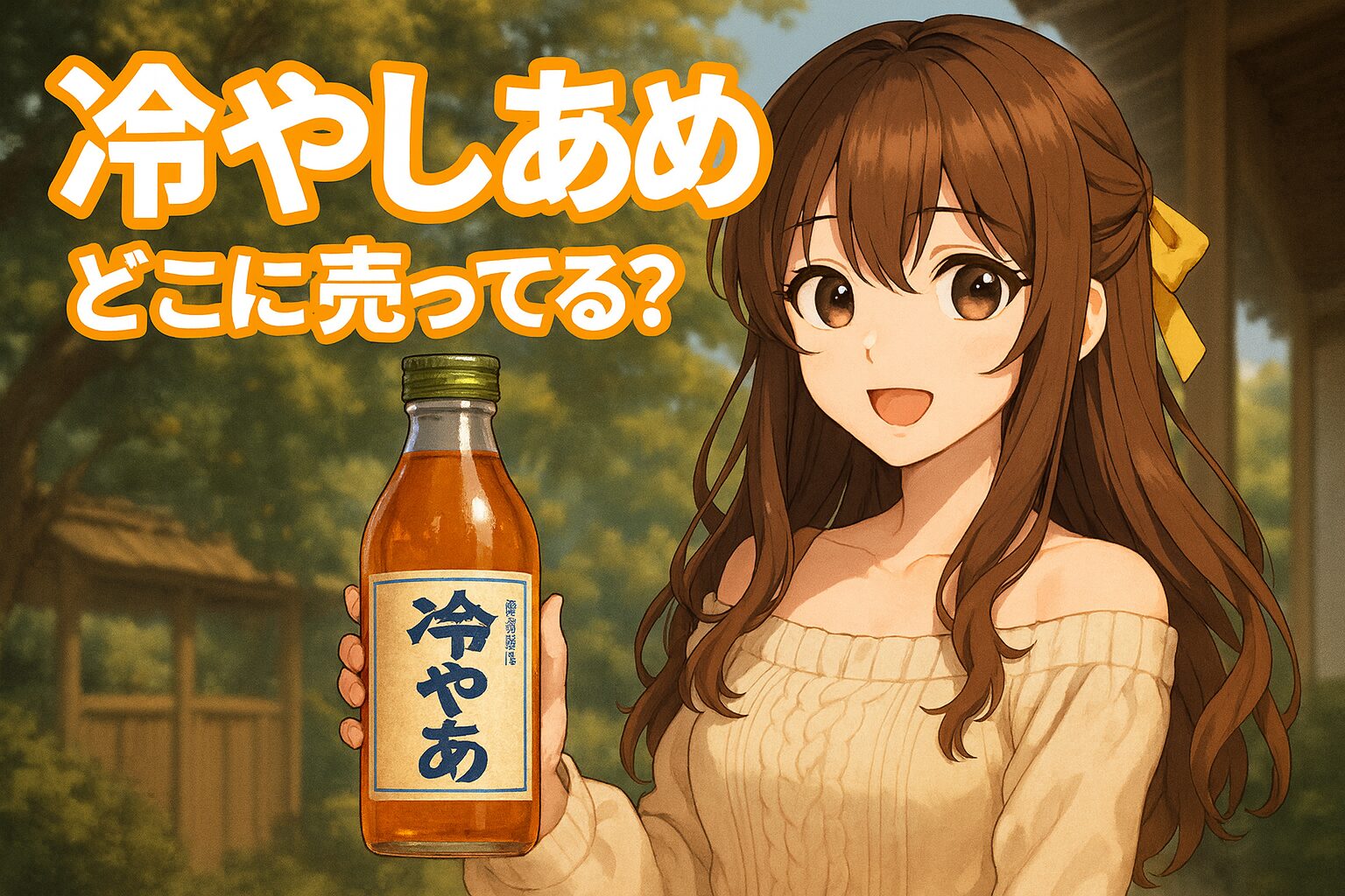 冷やしあめの販売場所を紹介する記事のアイキャッチ画像。茶髪の女性が「冷やしあめ」と書かれた瓶を手に持ち、和風の風景を背景に微笑んでいる。夏らしい温かみのあるイラスト。