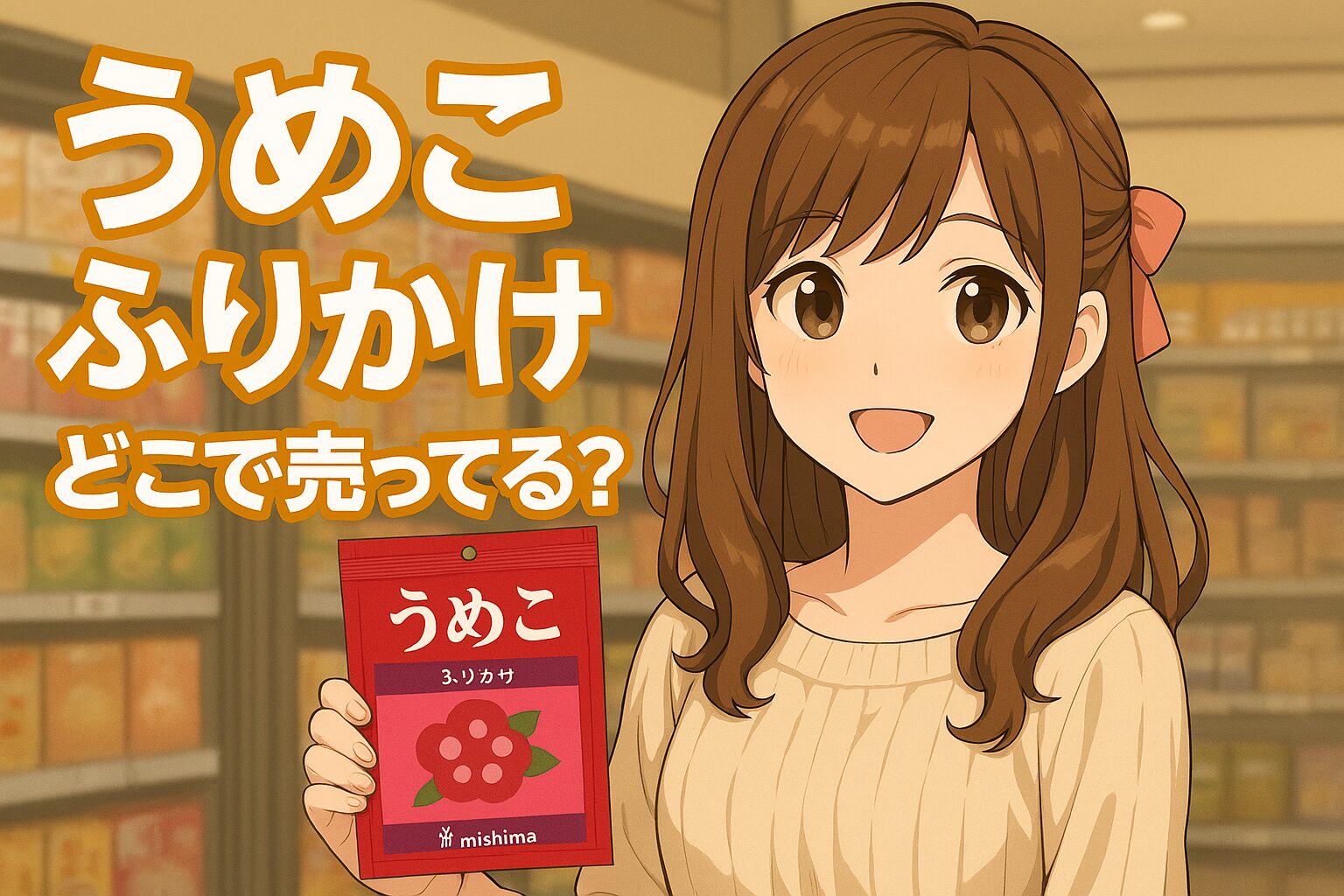 うめこふりかけの販売店を紹介する記事のアイキャッチ画像。茶髪の女性が赤いパッケージの「うめこふりかけ」を手に、スーパーの棚の前で優しく笑っている。
