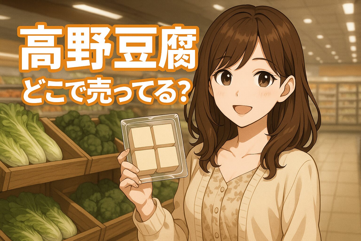 高野豆腐の販売場所を紹介する記事のアイキャッチ画像。茶髪の女性がパック入りの高野豆腐を手に持ち、スーパーの豆腐売り場で微笑んでいる。背景には野菜棚が並ぶ。