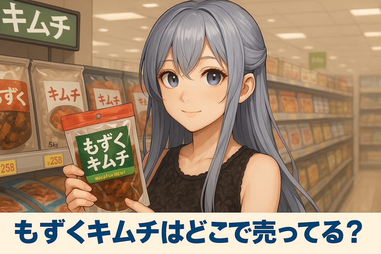 もずくキムチの販売店を紹介する記事のアイキャッチ画像。青髪の女性が「もずくキムチ」を手にスーパーのキムチ売り場で笑顔を見せている。